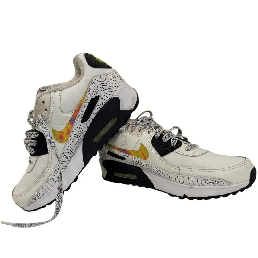 Nike Air Max 90 Girls Sneakers White Multicolor Swoosh Topographic Size 6Y